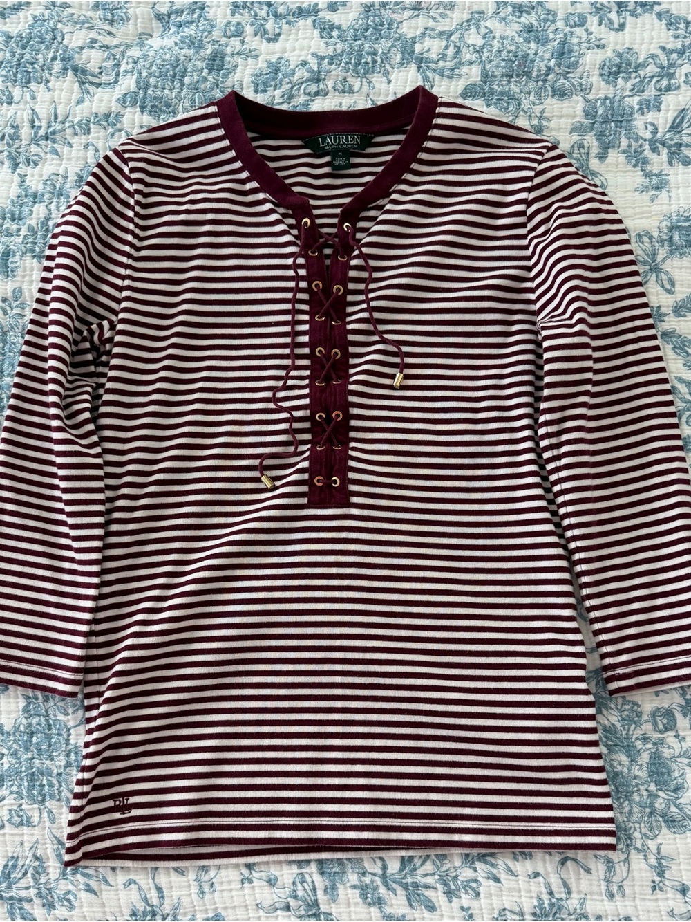 Lauren Ralph Lauren Burgundy & White Striped Lace-Up Long Sleeve Top